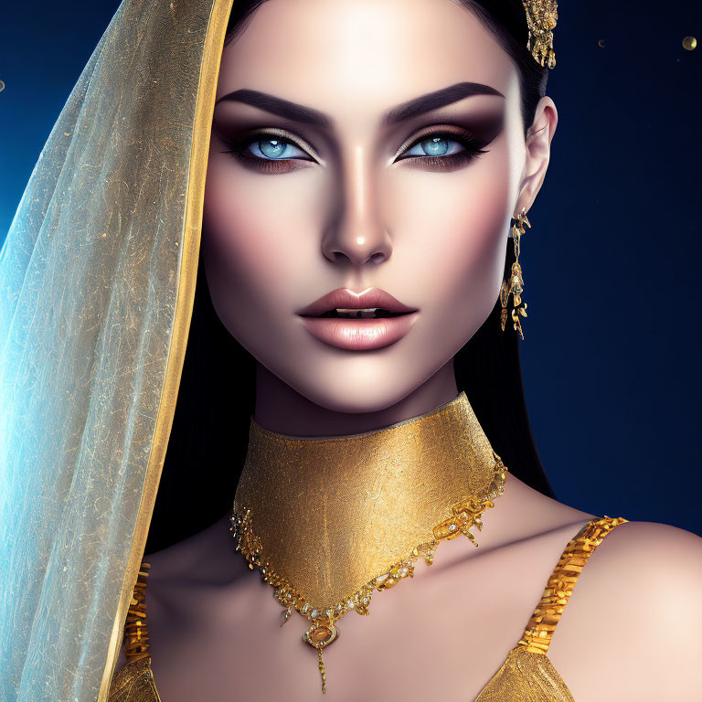 Digital portrait of woman with blue eyes, golden jewelry, and sheer veil