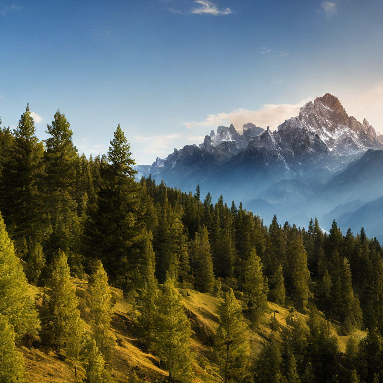 Majestic pine trees on sloping hill with rugged mountains in golden sunrise