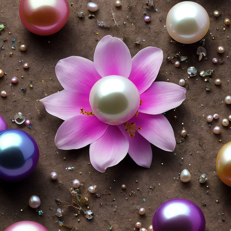 Pink Lotus with Pearls and Beads on Textured Brown Background