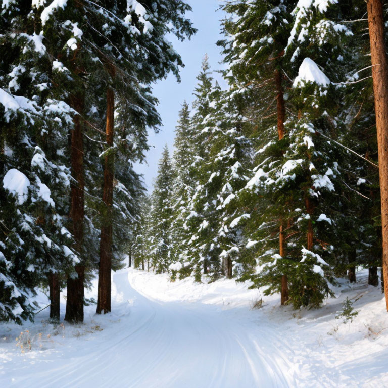 Snow-covered forest with tall pine trees and sunlight filtering through branches