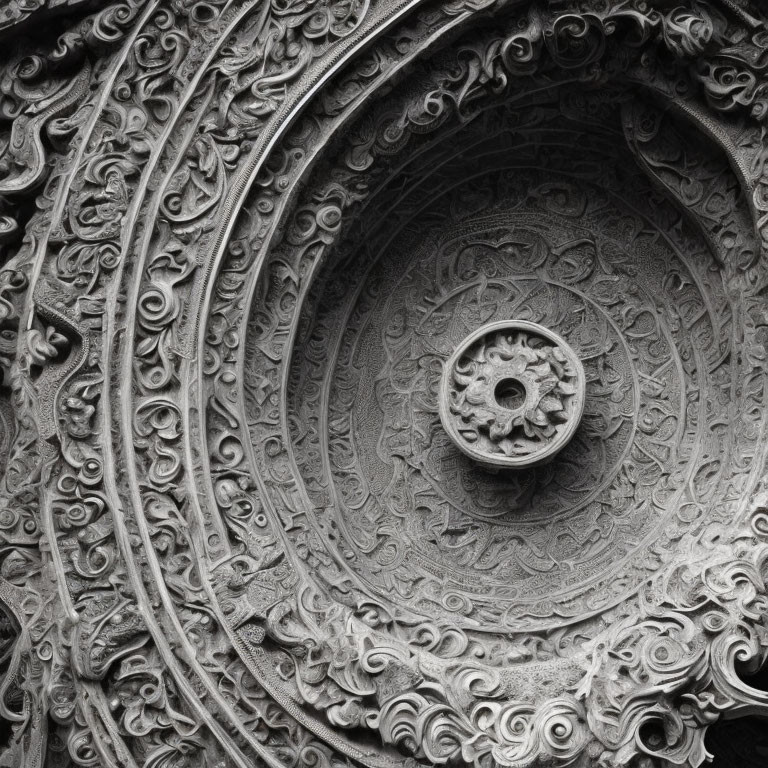 Detailed Stone Carving: Intricate Spiral and Floral Patterns