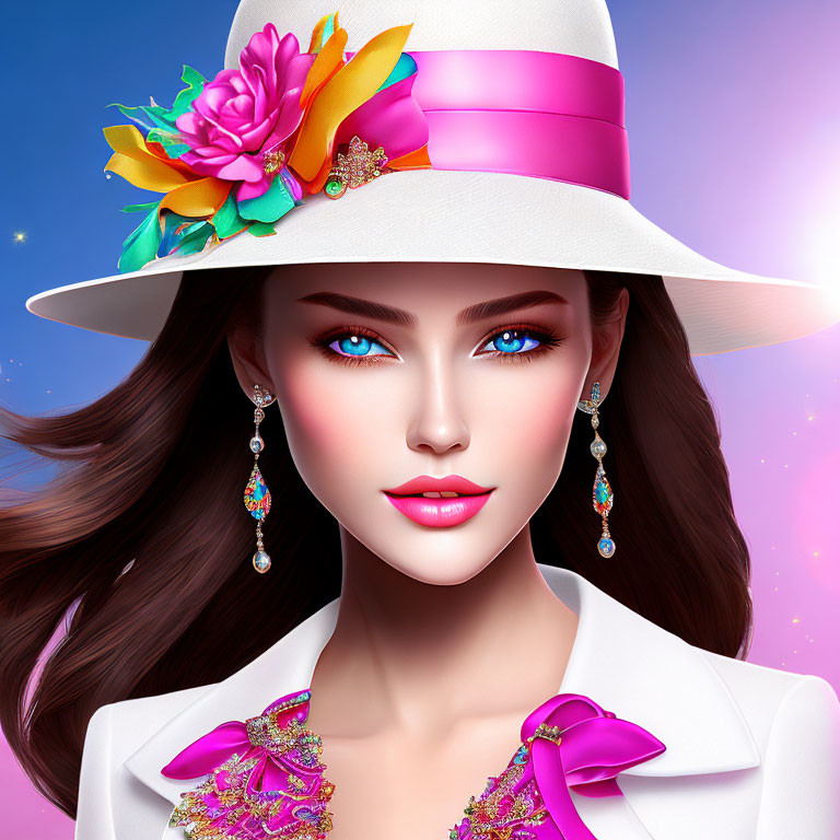 Digital Artwork: Woman with Blue Eyes, White Hat, Gemstone Earrings, Pink Outfit