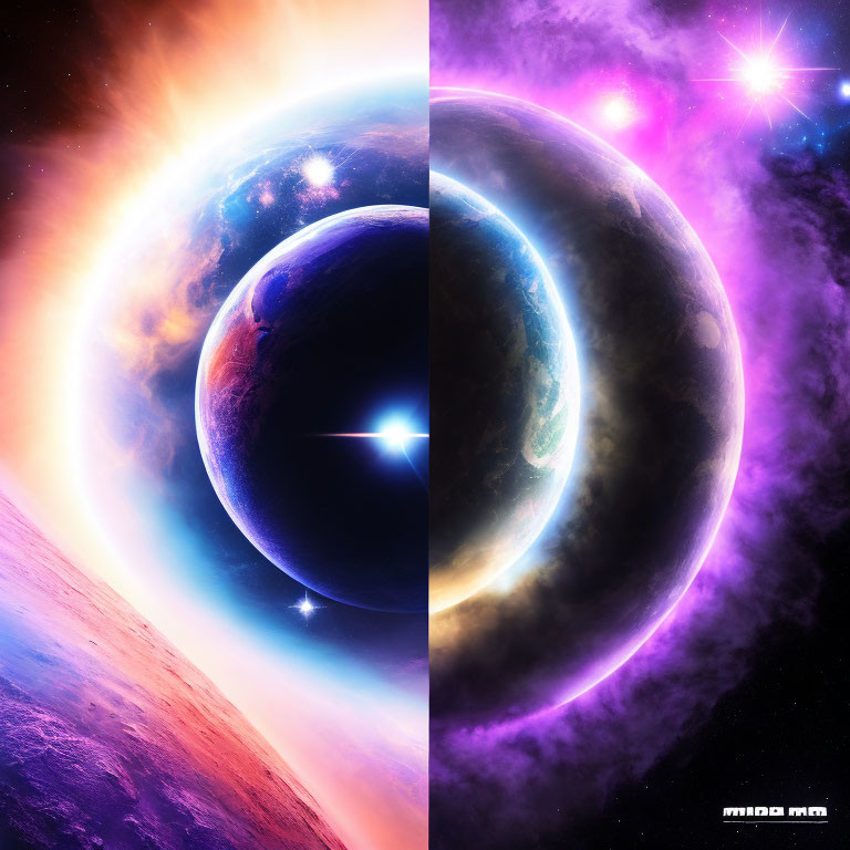 Digital artwork: Contrasting celestial scenes with planet surface and cosmic stars