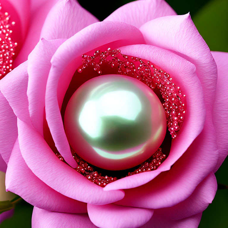 Pink rose with water droplets and pearl on green background