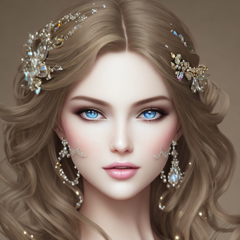 Illustration of Woman with Blue Eyes and Intricate Hair Accessories