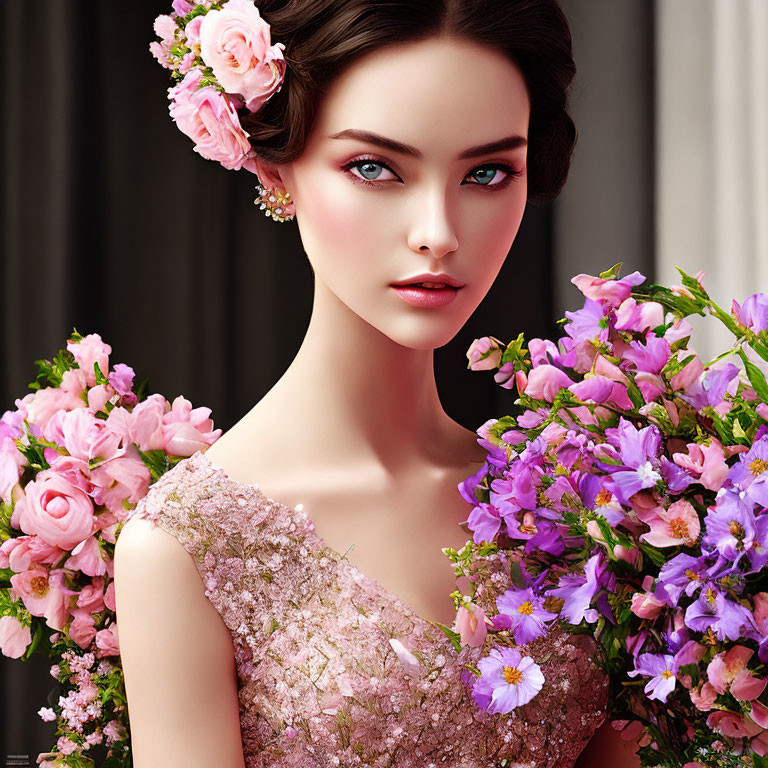 Illustration of woman with blue eyes in pink dress and floral accessories holding purple bouquet.