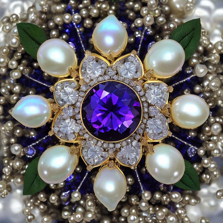 Purple Gemstone Jewelry with Diamonds, Pearls, and Green Leaf Accents