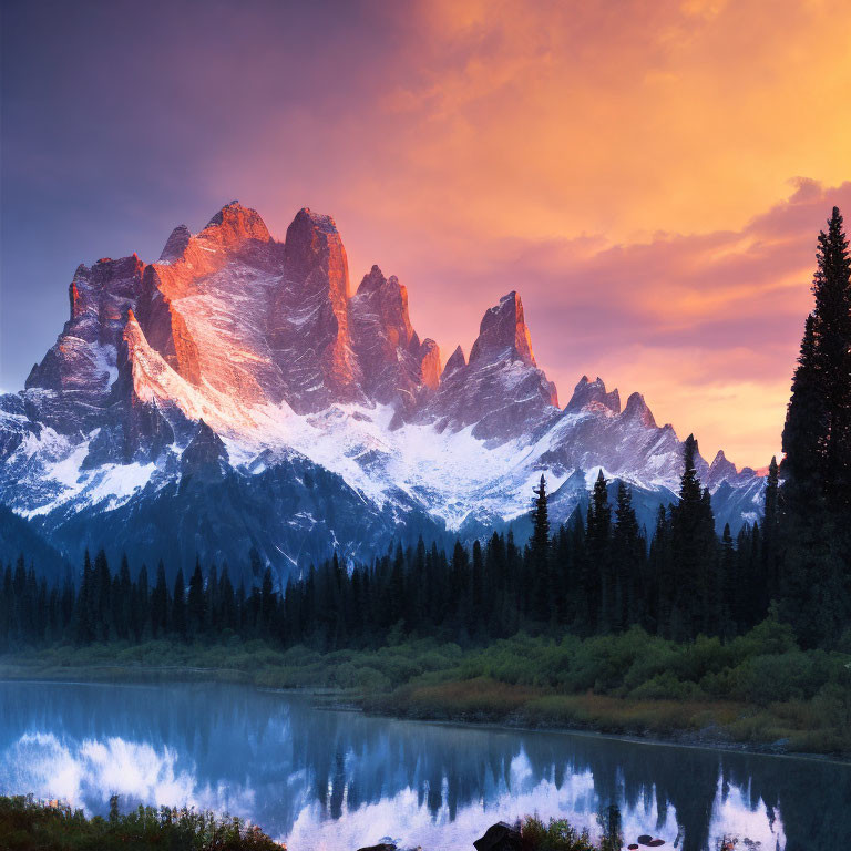 Tranquil mountain lake sunset with orange peaks and purple sky