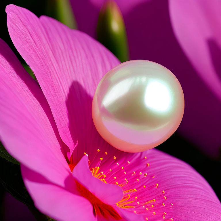 Pearl on Fuchsia Flower with Yellow Stamens and Green Foliage