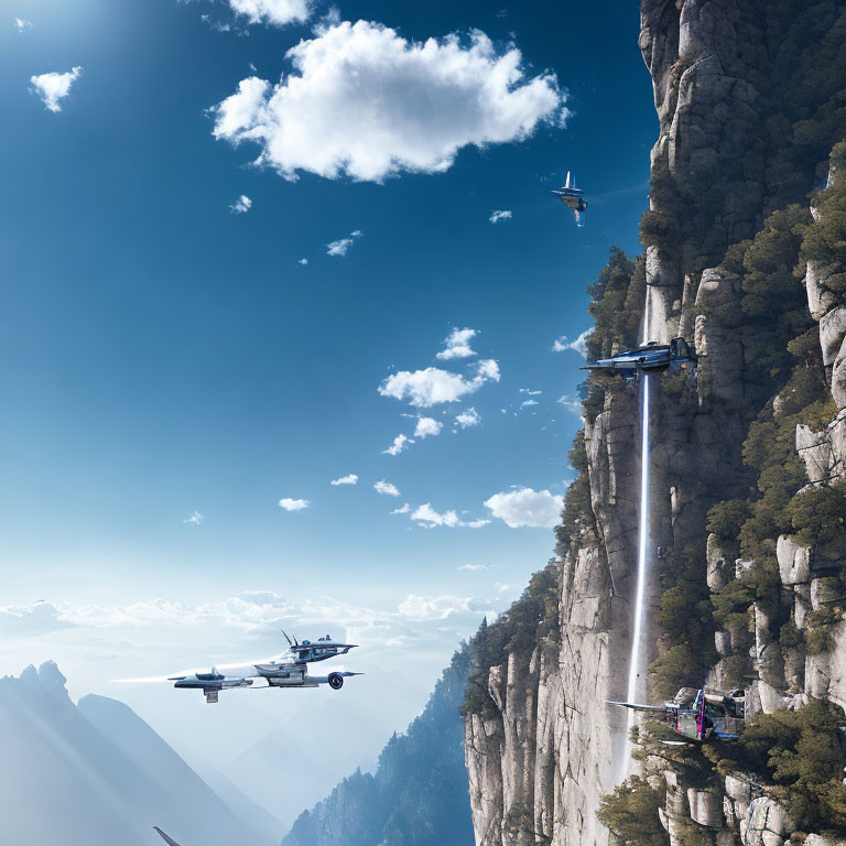 Vintage planes near cliff with hikers under cloudy sky