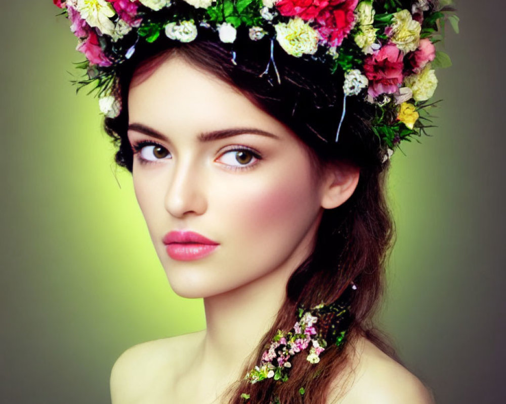 Woman with Floral Crown and Braided Flowers on Green Background