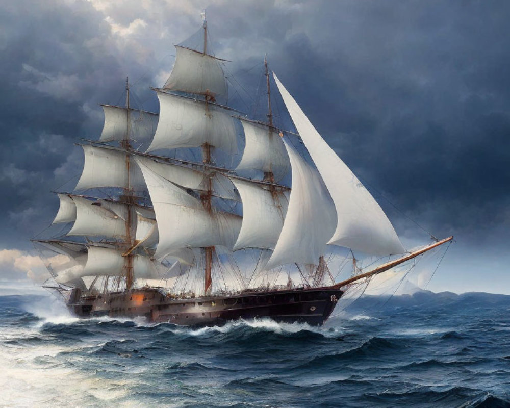 Majestic tall ship with multiple sails navigating stormy seas