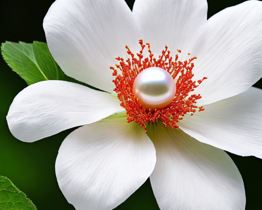 White Flower with Shiny Pearl in Orange Pollen Center on Dark Green Background