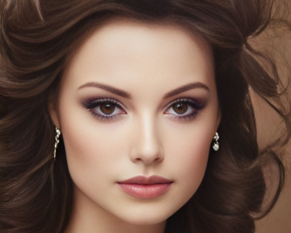 Woman with Voluminous Brown Hair and Purple Eyeshadow Earrings