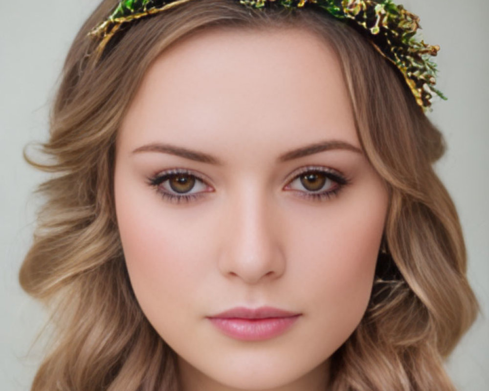 Medium-length wavy hair woman in decorative headband with neutral expression