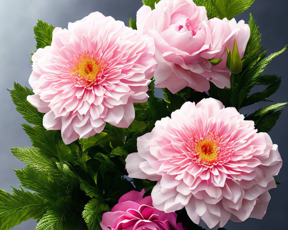 Pink Peonies Bouquet on Gray Background with Green Leaves