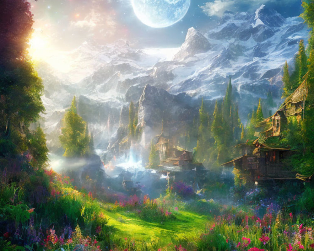 Fantasy landscape with full moon, mountain range, lush greenery, flowers, waterfall, and quaint