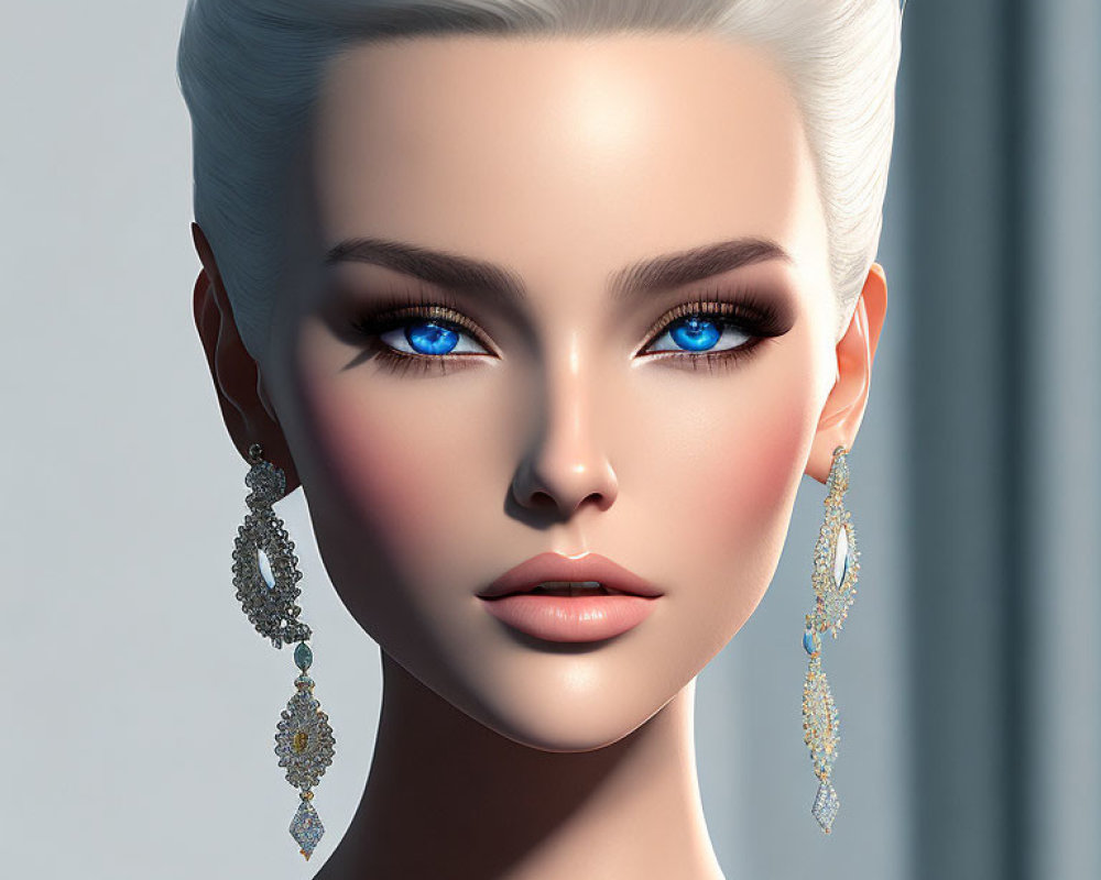 3D illustration of woman with blue eyes, platinum blonde hair, chandelier earrings