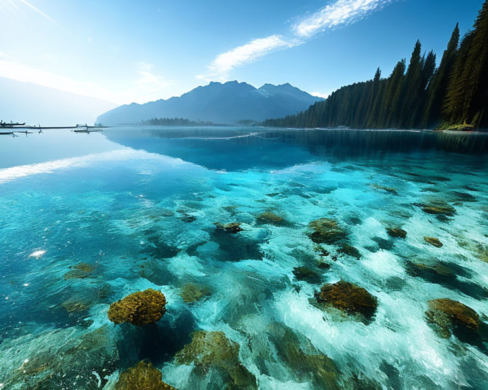 Tranquil Lake Scene with Turquoise Water and Evergreen Trees