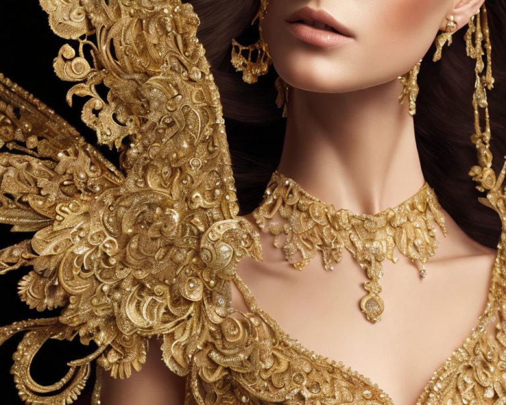 Luxurious gold embroidered attire with wing-like accessory and matching jewelry.