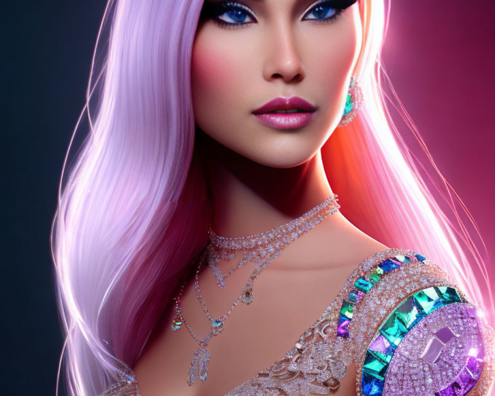 3D illustration of woman with pink-white hair and jeweled headpiece