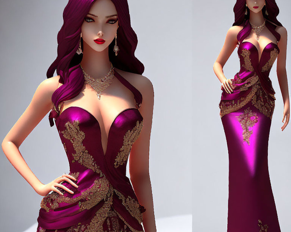 3D-rendered image: Woman with long purple hair in elegant gown