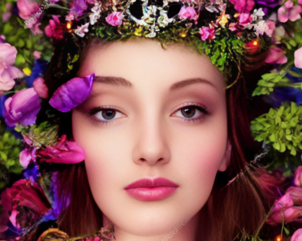 Young Woman with Floral Crown in Vibrant Purple and Green Foliage