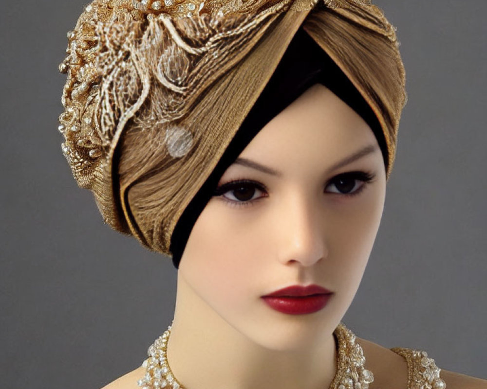 Mannequin head with gold turban and pearl necklace on grey backdrop