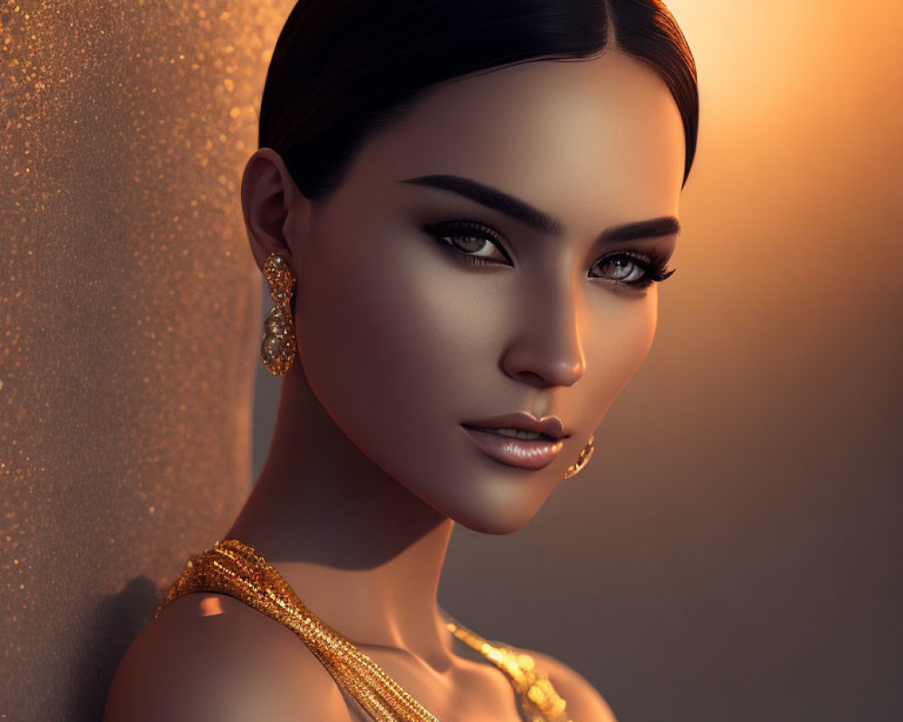 3D Rendered Portrait of Woman with Black Hair and Gold Jewelry