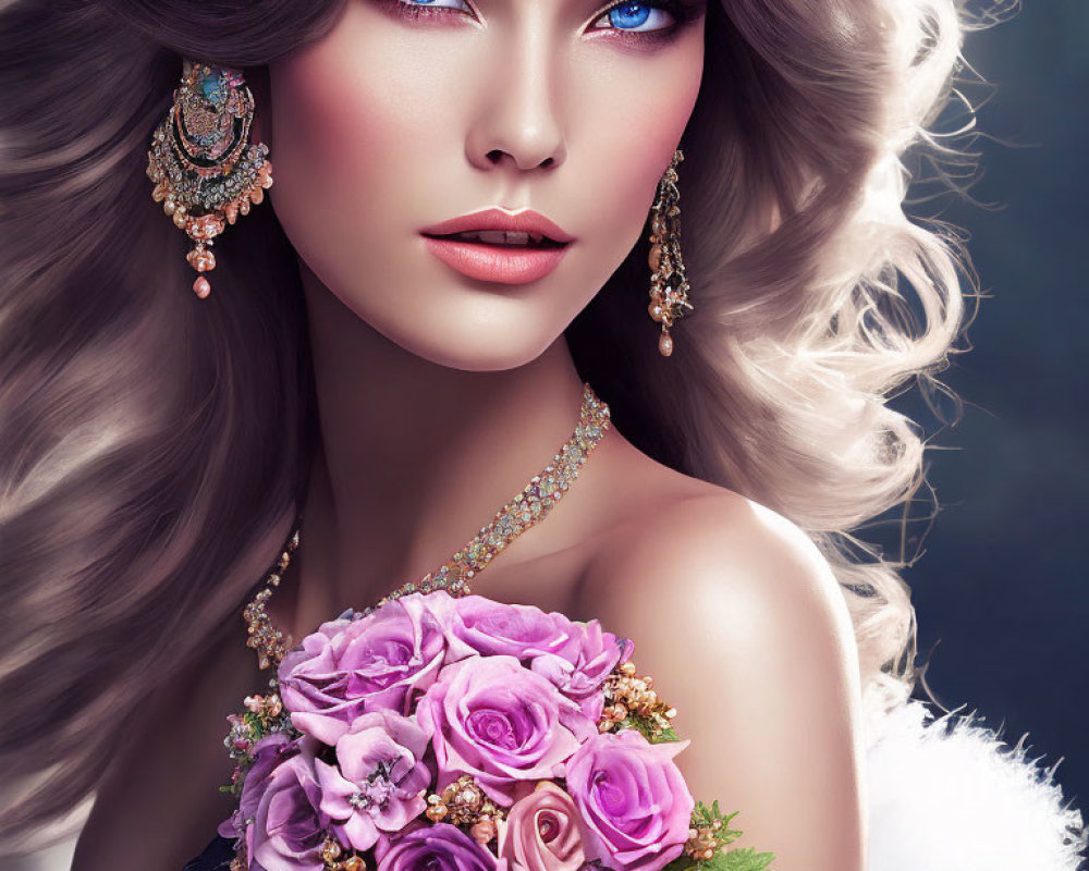 Illustration of woman with blue eyes, wavy hair, elaborate earrings, and pink rose bouquet