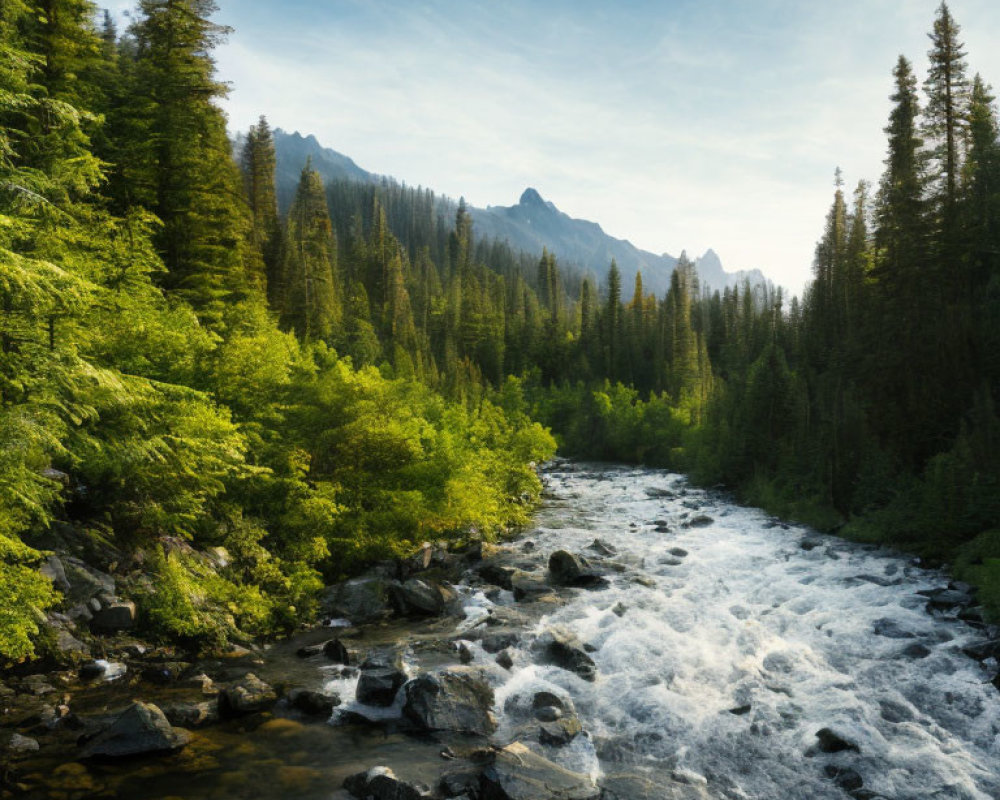 Tranquil river in lush forest under morning light