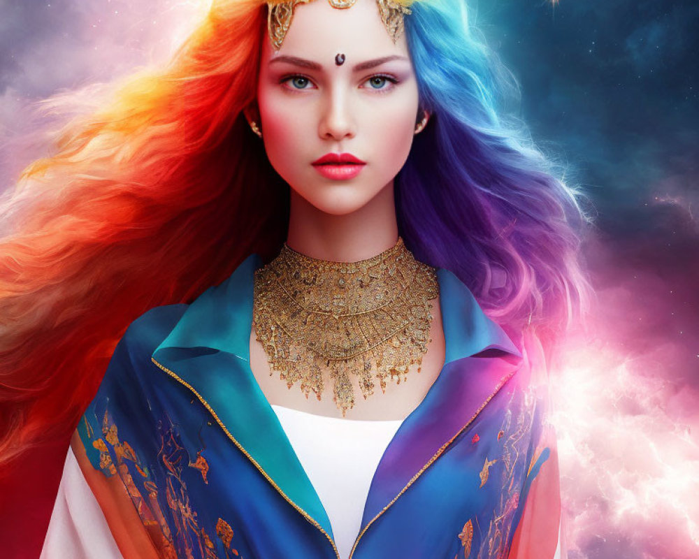 Rainbow-haired woman with gemstone bindi in cosmic cloak and starry background.