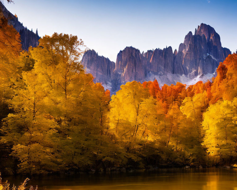 Golden Foliage and Mountain Peaks by Calm River