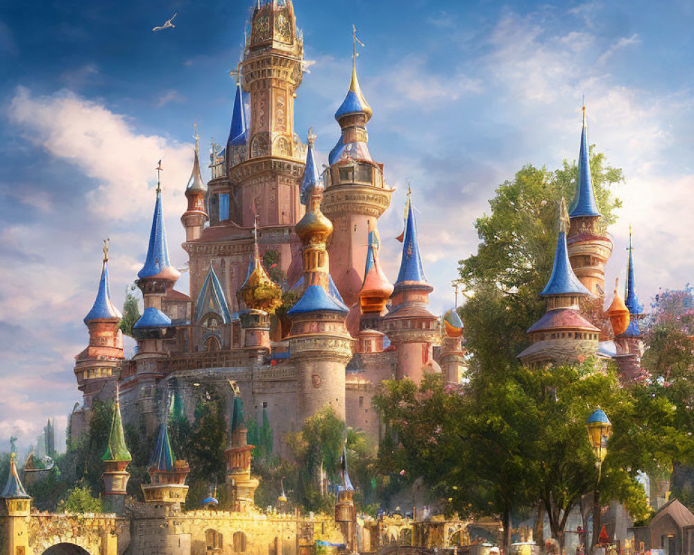 Majestic fairy tale castle with spires, turrets, gardens, bridge, and river