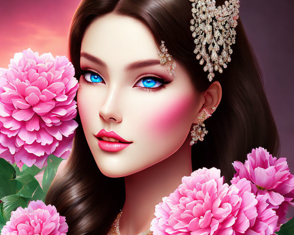 Woman with Vibrant Blue Eyes and Ornate Hairpiece Surrounded by Pink Peonies on Purple