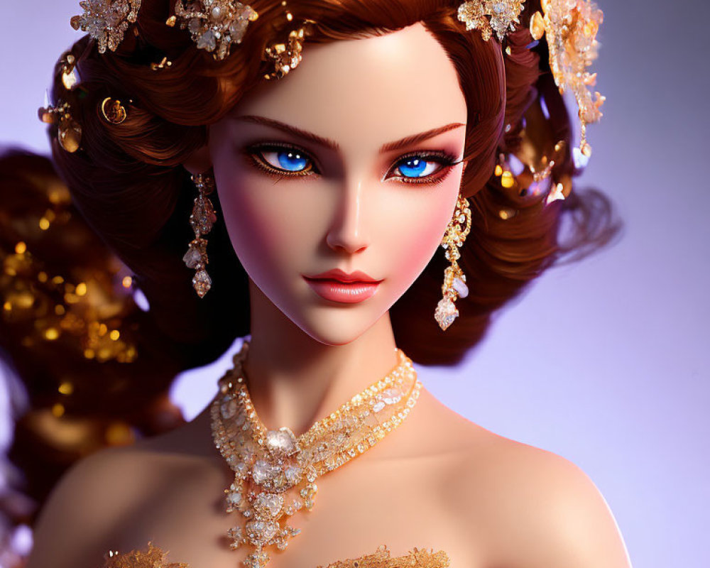 Close-up of 3D-rendered woman in golden dress and jewelry