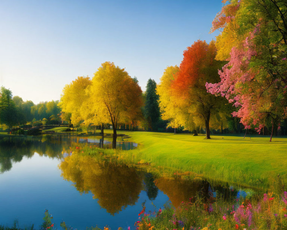 Tranquil Park Scene with Reflective Lake and Colorful Trees