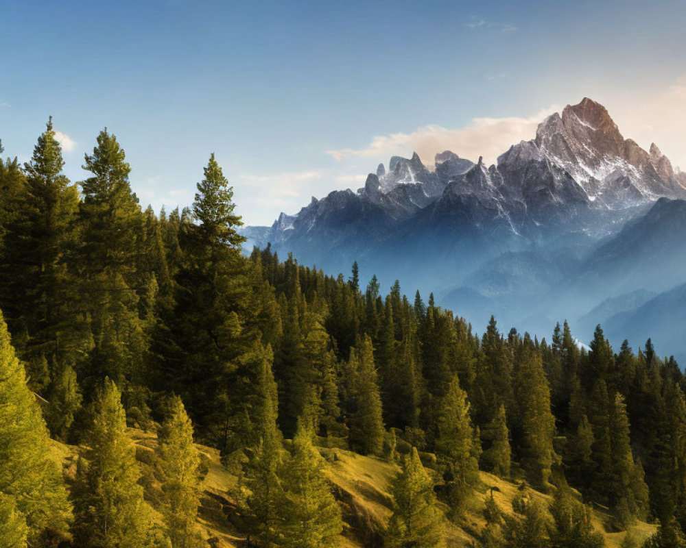 Majestic pine trees on sloping hill with rugged mountains in golden sunrise