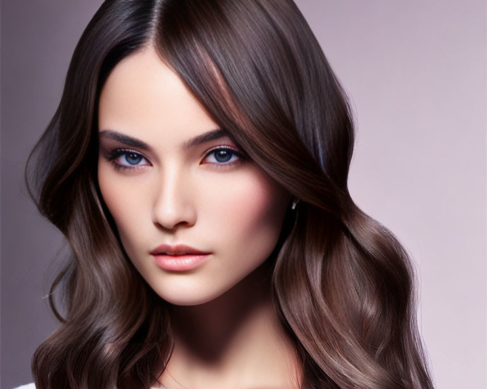 Portrait of Woman with Wavy Brown Hair and Blue Eyes