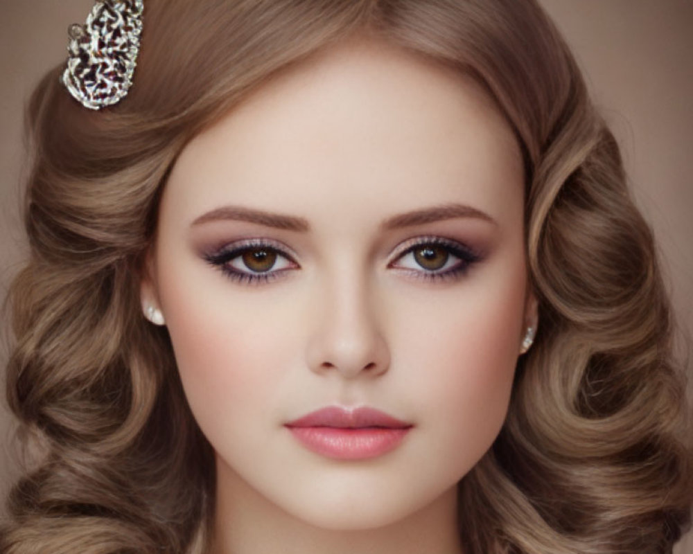 Styled Wavy Hair with Decorative Hairpiece and Elegant Makeup