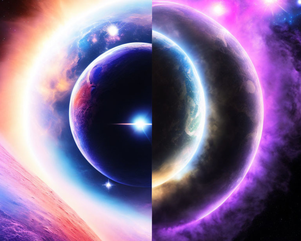 Digital artwork: Contrasting celestial scenes with planet surface and cosmic stars