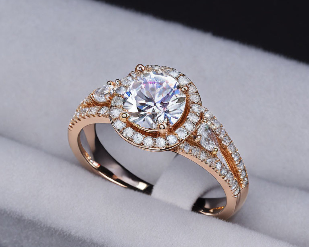 Rose Gold Ring with Large Central Diamond and Halo Design