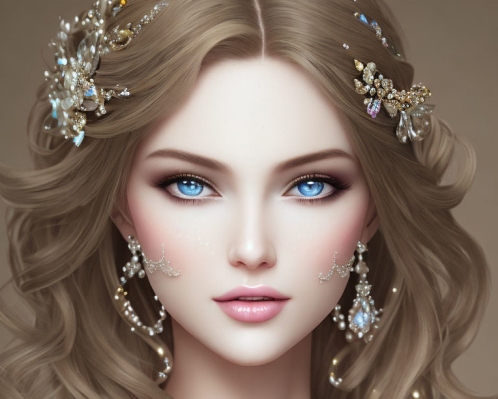 Illustration of Woman with Blue Eyes and Intricate Hair Accessories