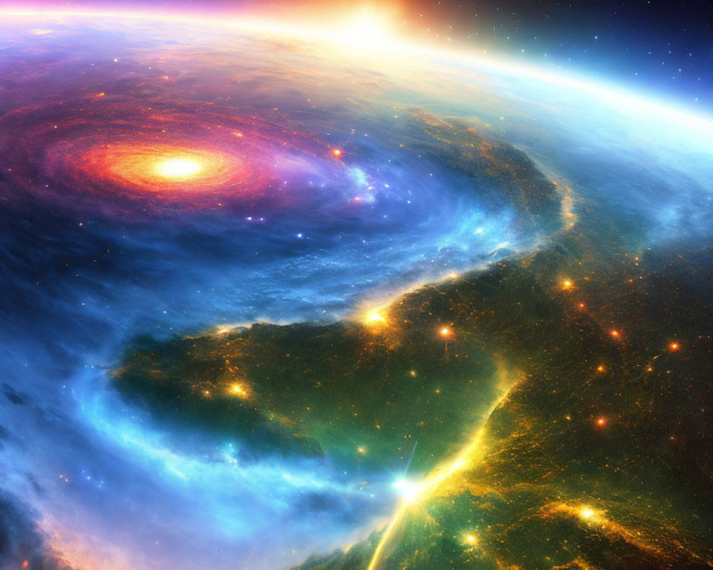 Colorful cosmic scene: glowing galaxy center, starry spiral arms, celestial event in space.