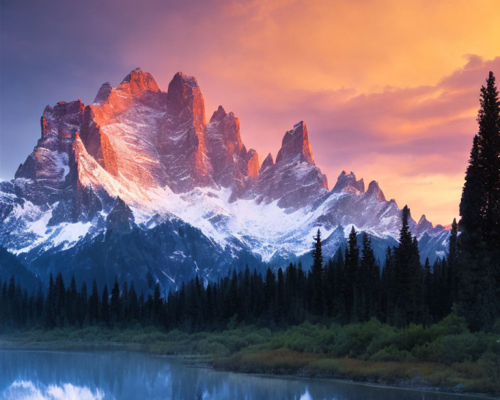 Tranquil mountain lake sunset with orange peaks and purple sky