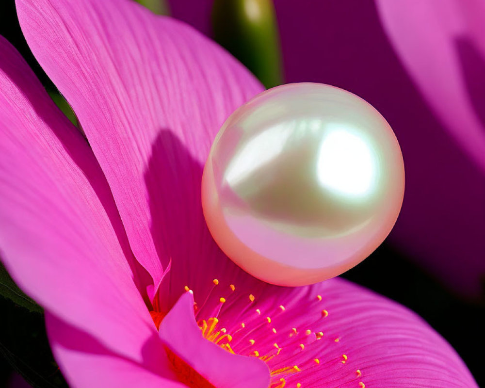 Pearl on Fuchsia Flower with Yellow Stamens and Green Foliage