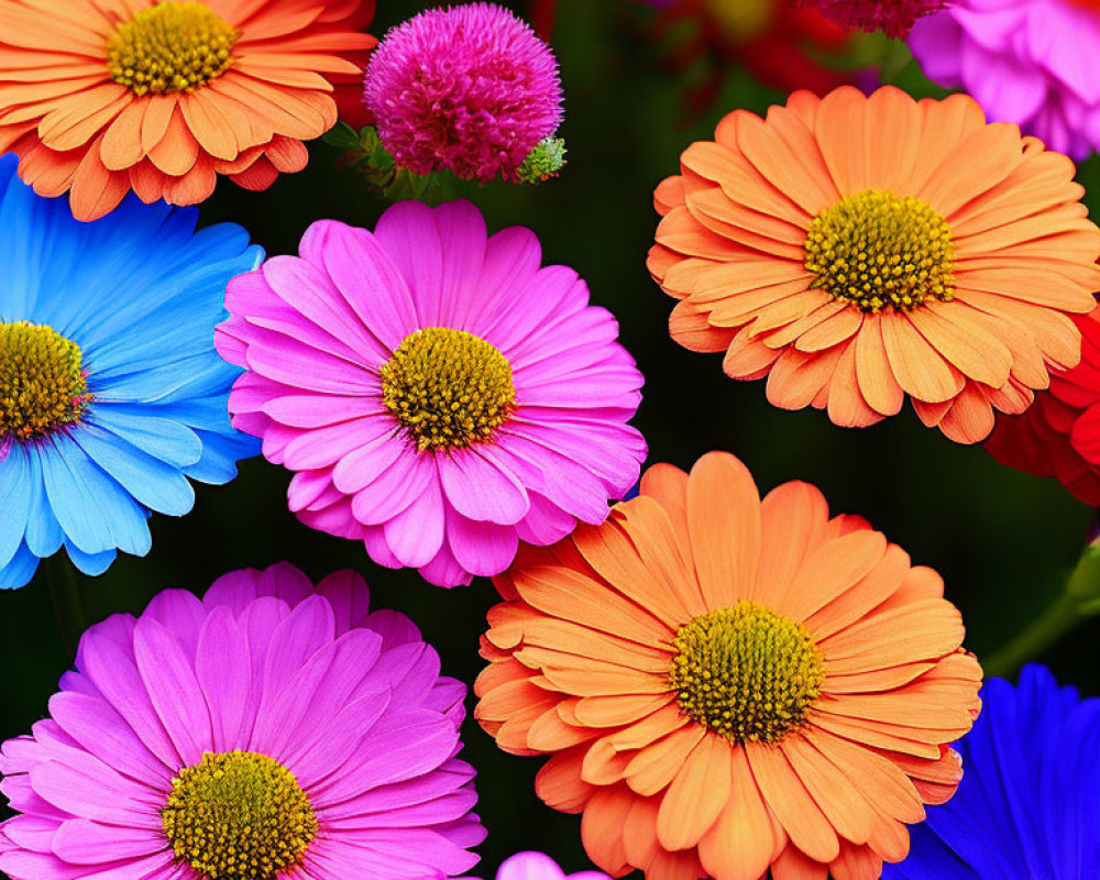 Colorful Gerbera Daisies in Blue, Pink, Orange, and Yellow on Green Background