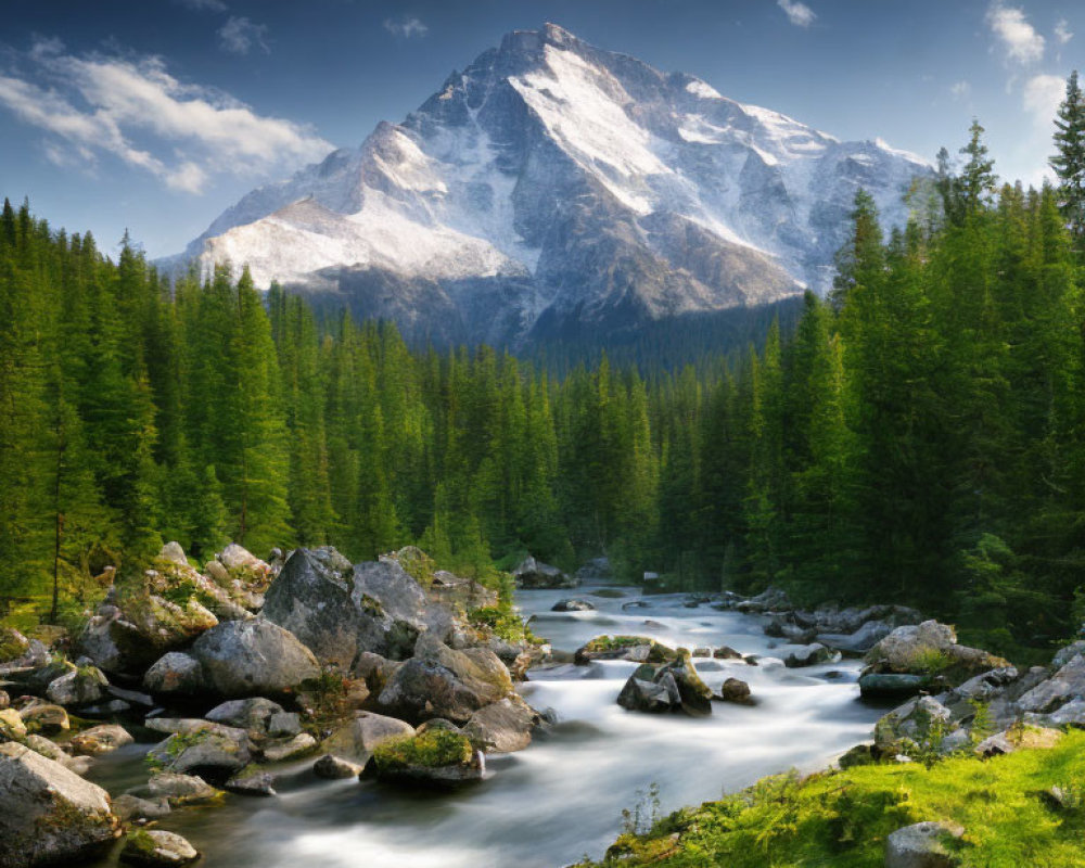 Tranquil river, rocky bed, pine trees, snow-capped mountain, blue sky