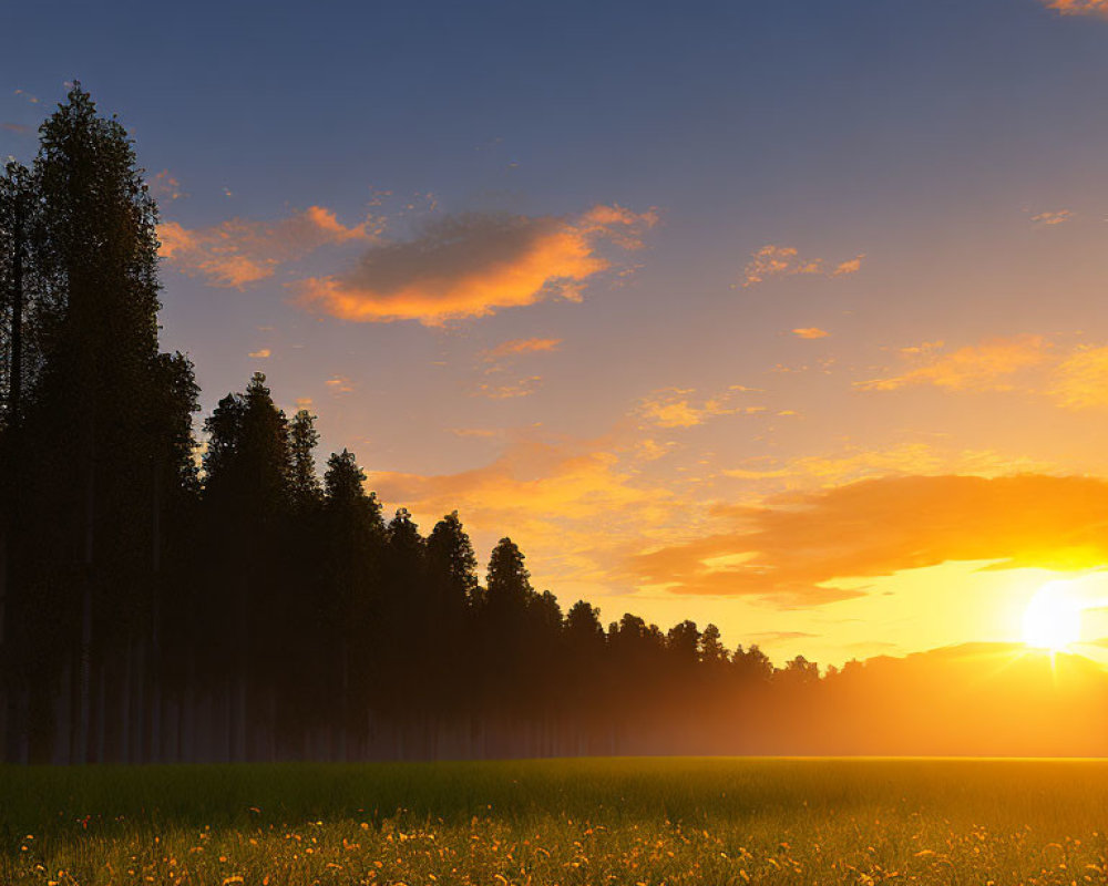 Vibrant sunset scene with tall trees and golden light on lush field