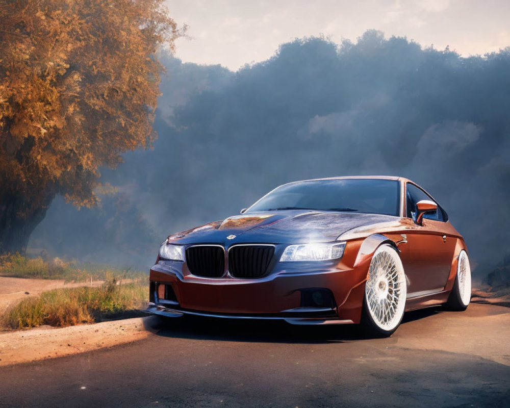 Custom BMW with Front Splitter & Aftermarket Wheels on Misty Road